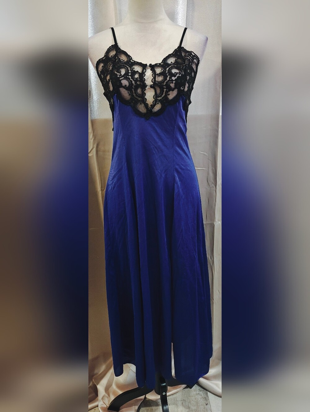 💜80s Vtg Fantasy Lingerie Royal Purple Satin Maxi Lingerie Slip Dress💜